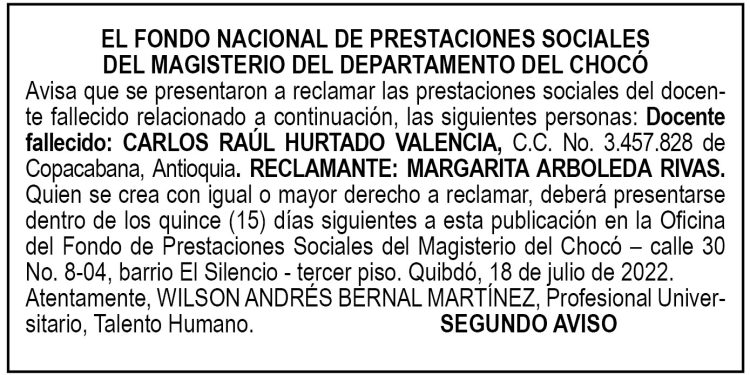 Edicto 2do. aviso Carlos Raúl Hurtado Valencia