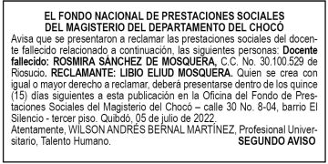 Edicto 2do. aviso Rosmira Sánchez de Mosquera