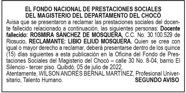 Edicto 2do. aviso Rosmira Sánchez de Mosquera