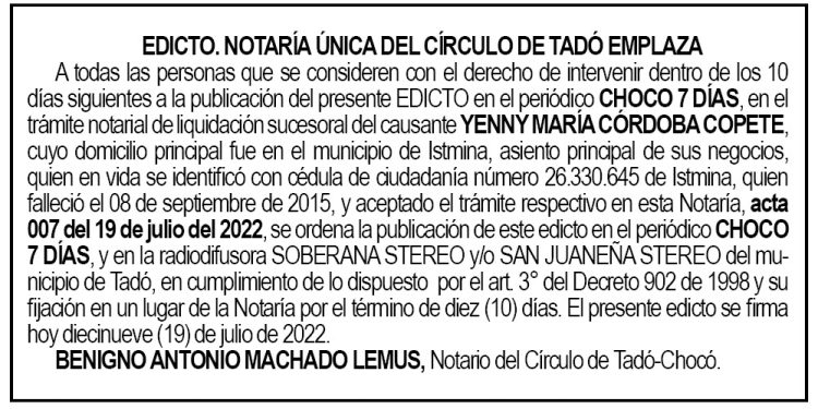 Edicto Yenny María Córdoba Copete