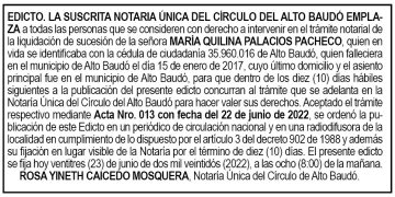Edicto María Quilina Palacios Pacheco