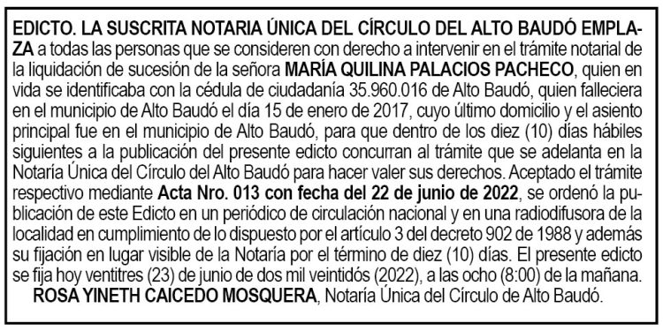 Edicto María Quilina Palacios Pacheco