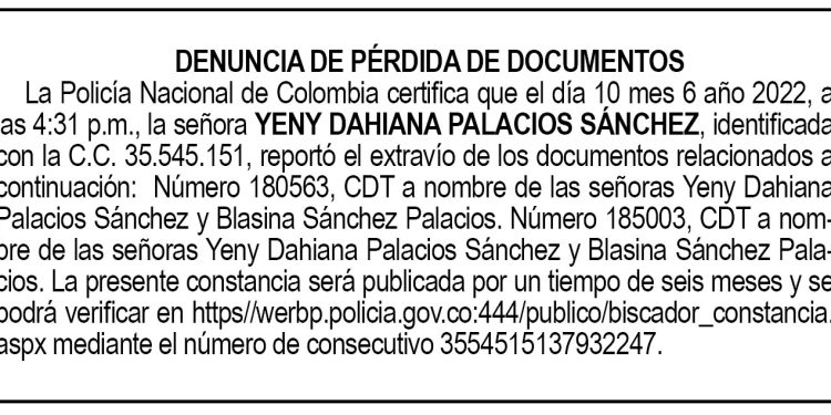 Denuncia pérdida CDT. Yeny Dahiana Palacios Sánchez