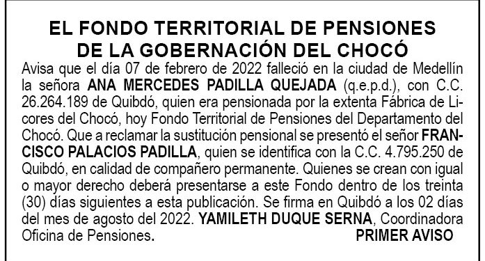 Edicto 1er. aviso Ana Mercedes Padilla Quejada