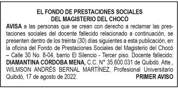 Edicto 1er. aviso Diamantina Córdoba Mena