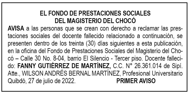 Edicto 1er. aviso Fanny Gutiérrez de Martínez