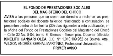Edicto 1er. aviso Isnelito Cansari Olea