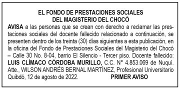 Edicto 1er. aviso Luis Clímaco Córdoba Murillo