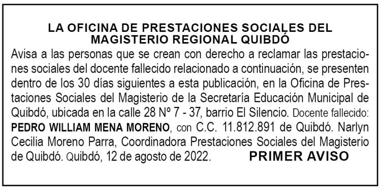 Edicto 1er. aviso Pedro William Mena Moreno