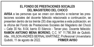 Edicto 1er. aviso Ramón Antonio Mena Moreno