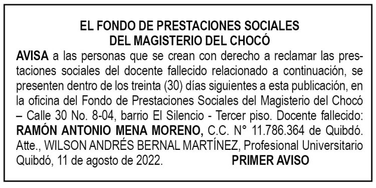 Edicto 1er. aviso Ramón Antonio Mena Moreno