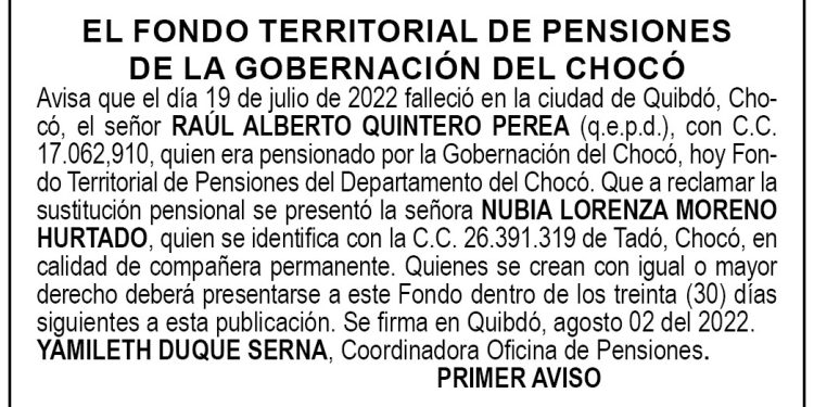 Edicto 1er. aviso Raúl Alberto Quintero Perea