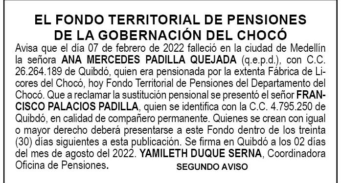 Edicto 2do. aviso Ana Mercedes Padilla Quejada