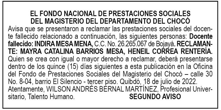 Edicto 2do. aviso Indira Mesa Mena