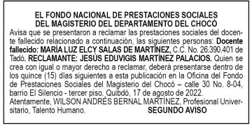 Edicto 2do. aviso María Luz Elcy Salas de Martínez