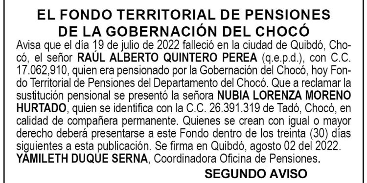 Edicto 2do. aviso Raúl Alberto Quintero Perea