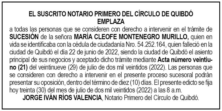 Edicto María Cleofe Montenegro Murillo
