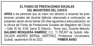 Edicto 1er. aviso Balbino Mosquera Ramírez