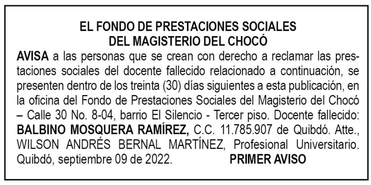 Edicto 1er. aviso Balbino Mosquera Ramírez