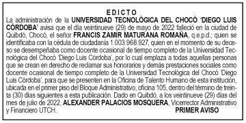 Edicto 1er. aviso Francis Zamir Maturana Romaña