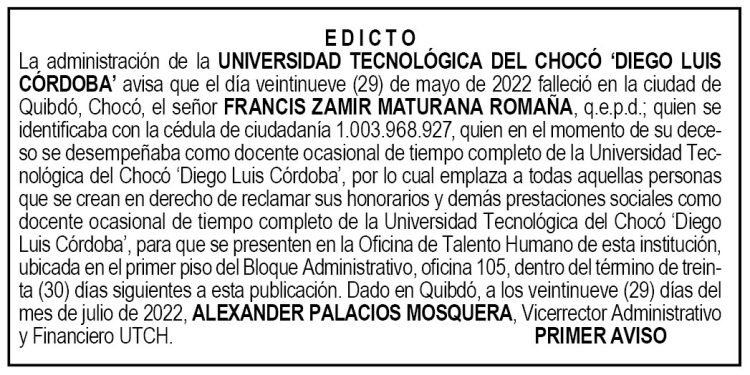 Edicto 1er. aviso Francis Zamir Maturana Romaña