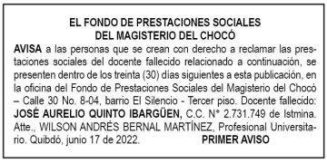 Edicto 1er. aviso José Aurelio Quinto Ibargüen