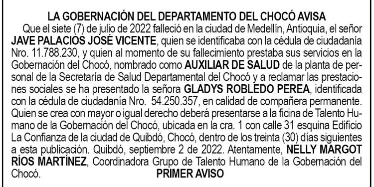 Edicto 1er. aviso José Vicente Jave Palacios