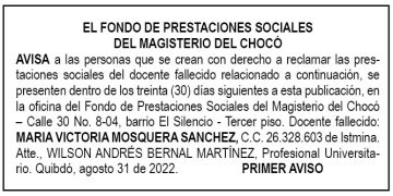 Edicto 1er. aviso María Victoria Mosquera Sánchez