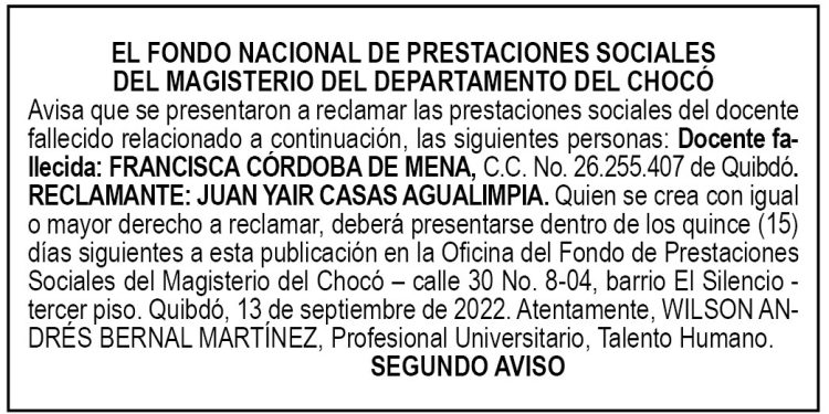 Edicto 2do. aviso Francisca Córdoba de Mena