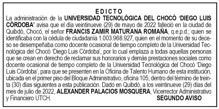 Edicto 2do. aviso Francis Zamir Maturana Romaña