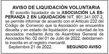 Aviso 2do. de liquidación voluntaria