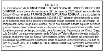 Edicto 3er. aviso Francis Zamir Maturana Romaña