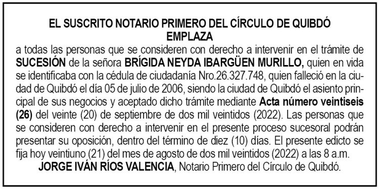 Edicto Brígida Neyda Ibargüen Murillo