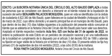 Edicto Benjamín Palacios Mosquera
