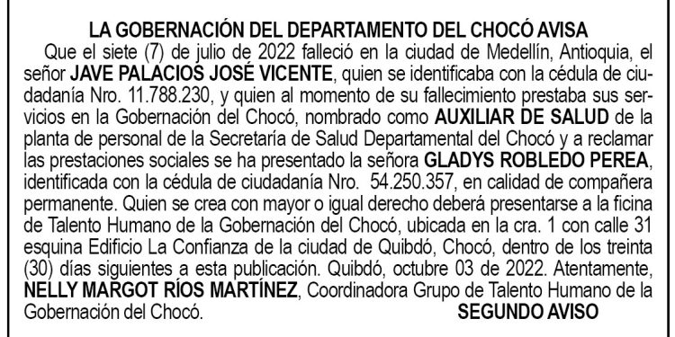 Edicto 2do. aviso José Vicente Jave Palacios