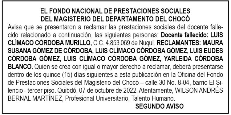 Edicto 2do. aviso Luis Clímaco Córdoba Murillo