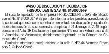 Disolución y liquidación de Frigoccidente SAS