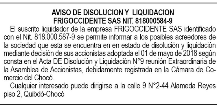 Disolución y liquidación de Frigoccidente SAS