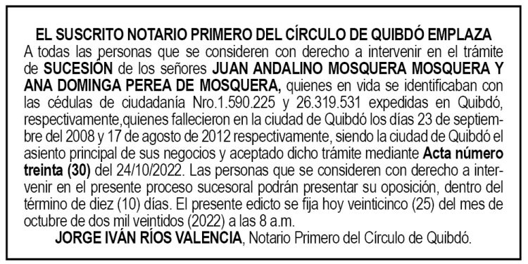 Edicto Juan Andalino Mosquera y Ana Dominga Perea de Mosquera