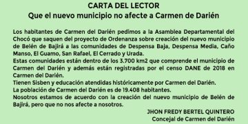 Carta del lector. Que el nuevo municipio no afecte a Carmen de Darién.
