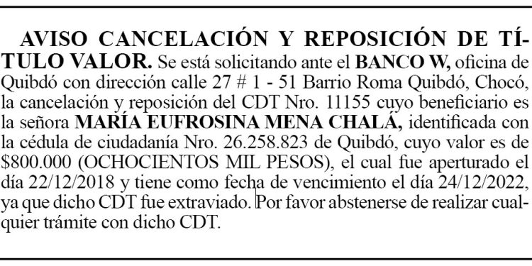 Pérdida CDT. María Eufrosina Mena Chalá.