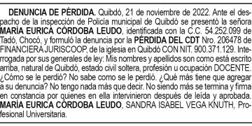 Pérdida CDT. María Eurica Córdoba Leudo.