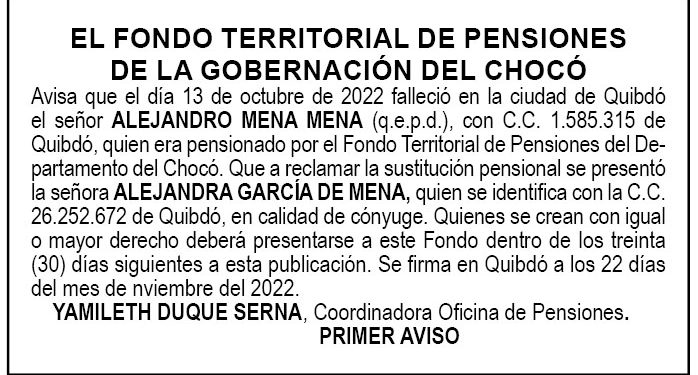 Edicto 1er. aviso Alejandro Mena Mena