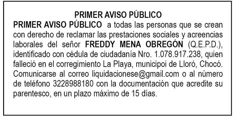 Edicto 1er. aviso Freddy Mena Obregón