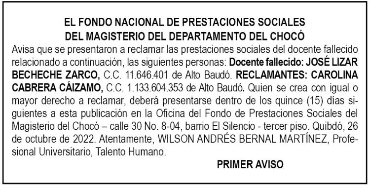 Edicto 1er. aviso José Lizar Becheche Zarco