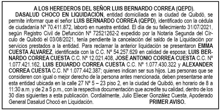 Edicto 1er. aviso Luis Bernardo Correa