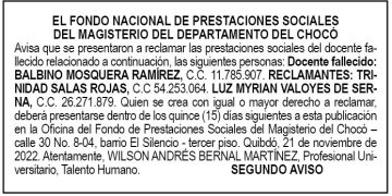 Edicto 2do. aviso Balbino Mosquera Ramírez