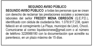 Edicto 2do. aviso Freddy Mena Obregón
