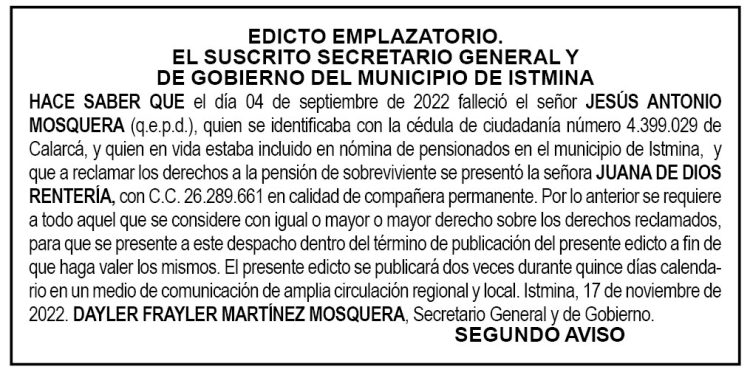 Edicto 2do. aviso Jesús Antonio Mosquera