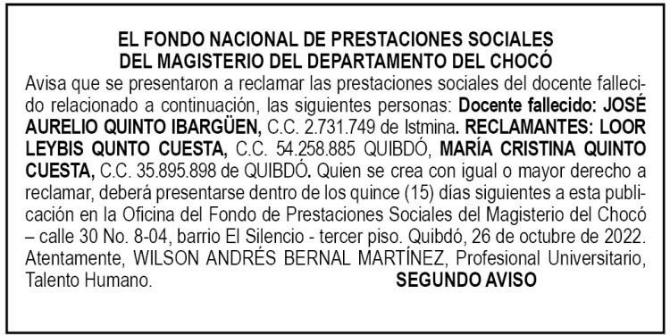 Edicto 2do. aviso José Aurelio Quinto Ibargüen